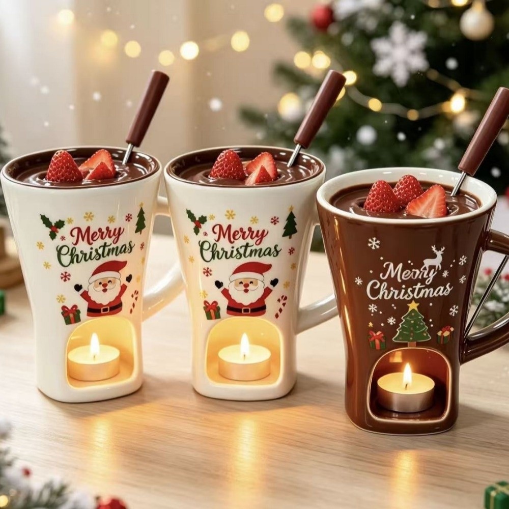 Fondue Pot Ceramic - Keramische chocoladesmeltbeker met vork, hittebestendige chocoladefondue