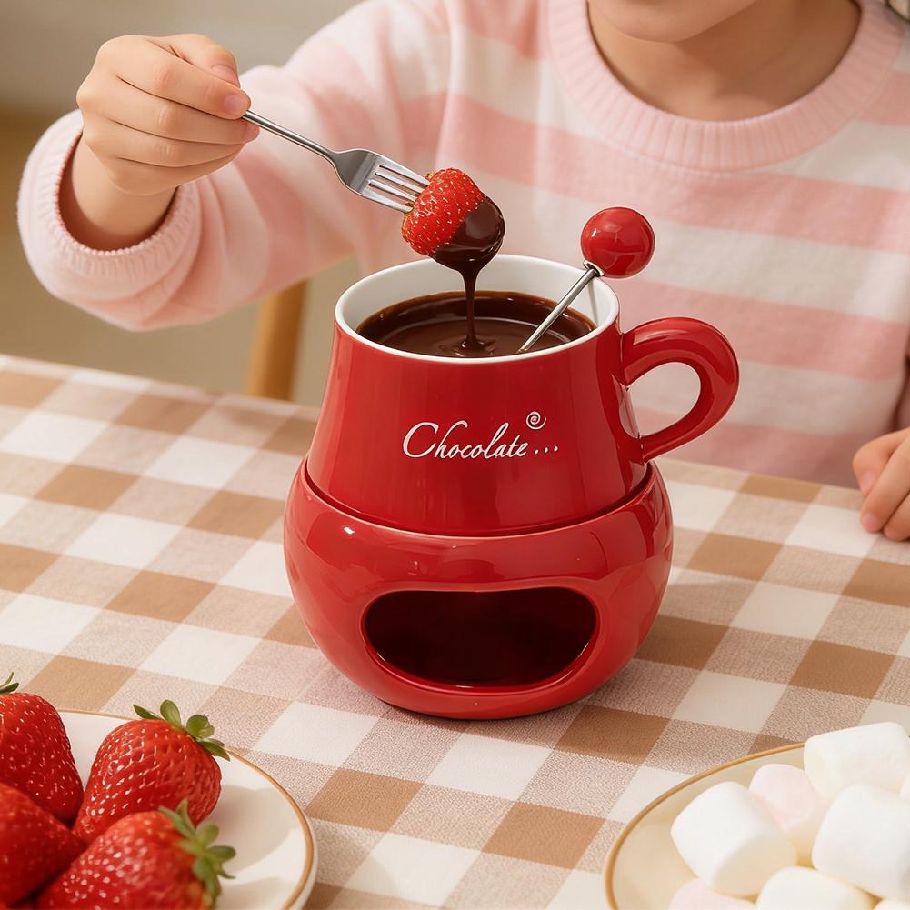 Fondue Pot Ceramic - Chocoladefonduebeker Keramiek Met Vorken Theelichtje Chocoladesmeltbeker